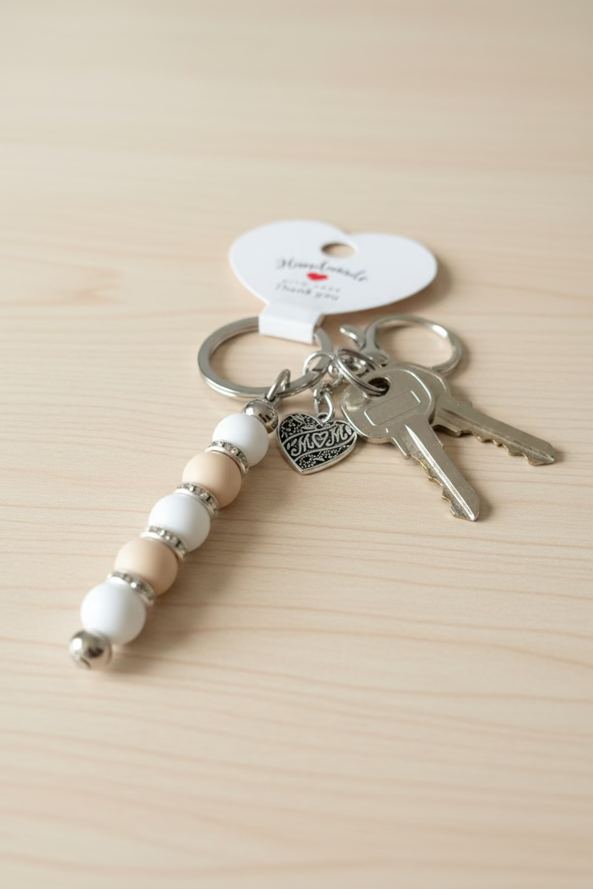 Mom Keychain (tan & white)