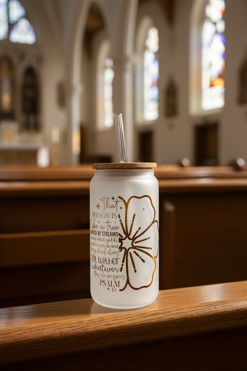 Glass Straw Cup with Lid “Psalm 1:3”
