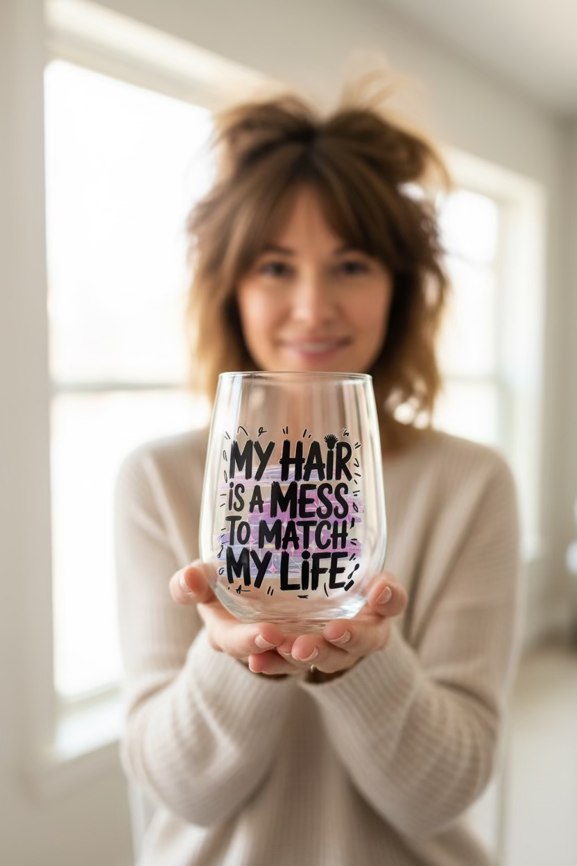 Stemless Wine Glass “ My Hair Is A Mess”