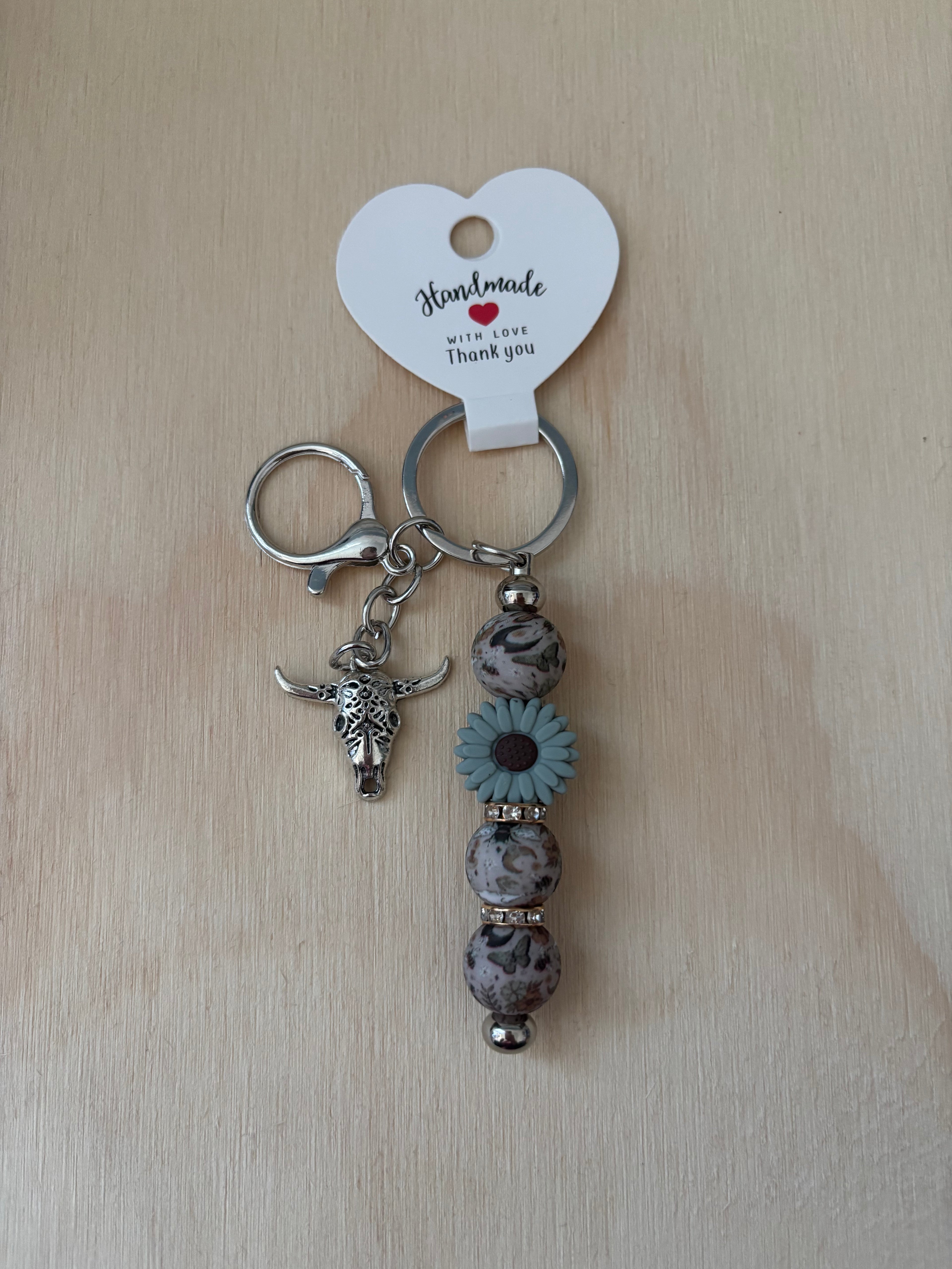 Skull Charm Green Flower Keychain
