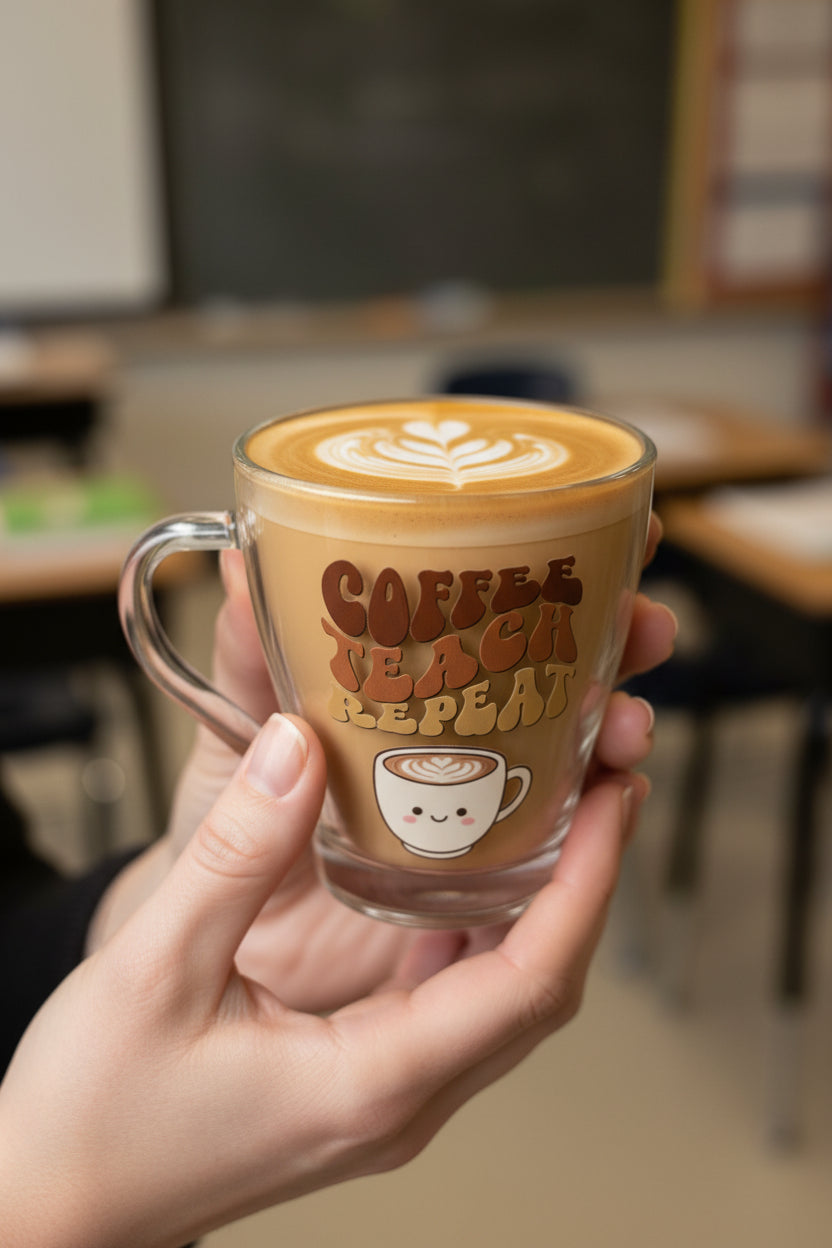 Coffee, Teach, Repeat Glass Coffee Mug 9oz