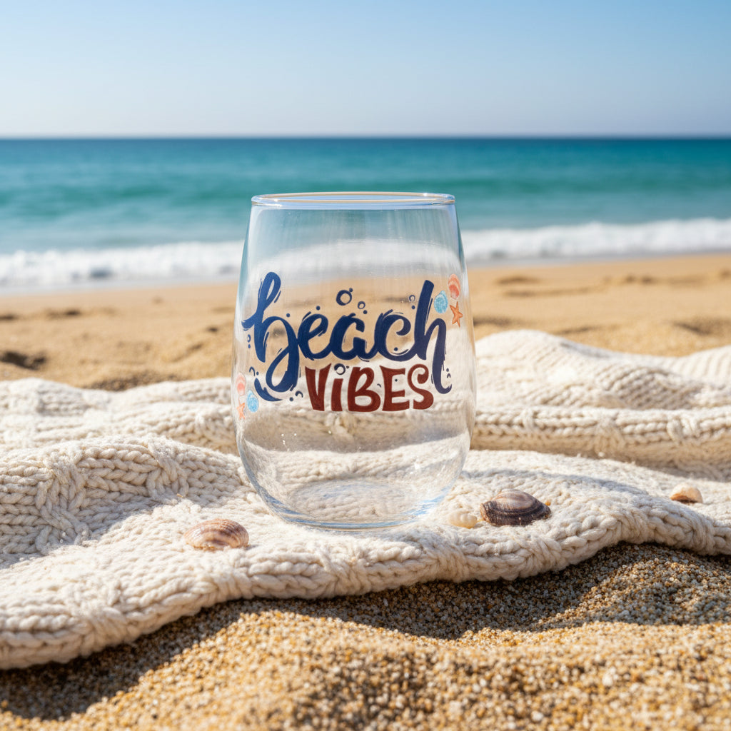 Beach Vibes Stemless Wine Glass (Size 8.5oz)